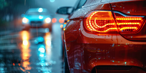 A close-up of red tail lights glowing on a car during a rainy night drive, with bokeh lights reflecting on wet streets.