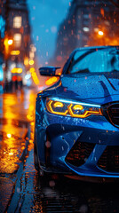 Vertical view of a blue sportscar parked on a rain-soaked city street at twilight, headlights shining through the downpour.