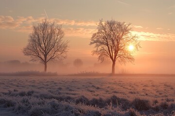 Morning mist in a wintry Dutch polder landscape. The sun is just rising and the grass is still frosted. In the foreground are two trees silhouetted against the sky. - obrazy, fototapety, plakaty