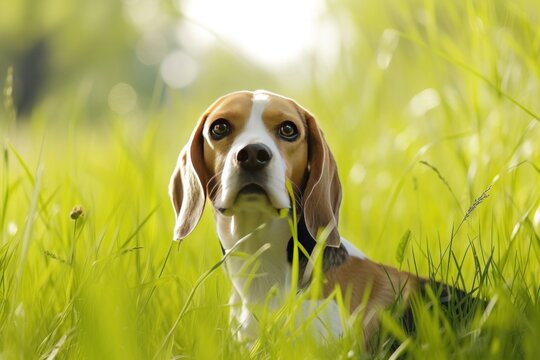 Beagle hound lounging in grass, gazing at camera in natural landscape