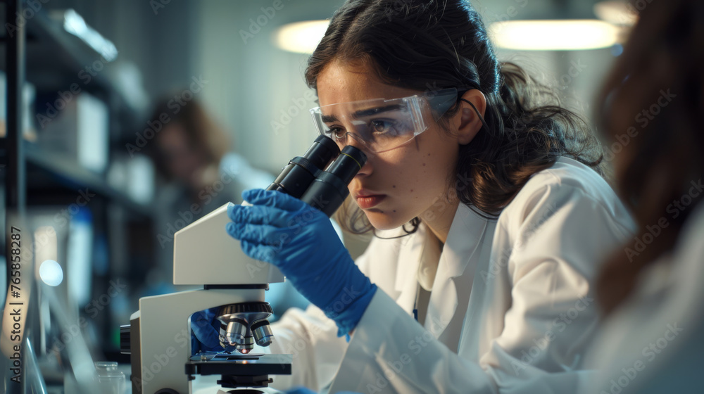 Aufkleber a scientist is examining a specimen through a microscope in a modern laboratory setting.