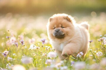 A beautiful Chow Chow puppy exploring a field of wildflowers, its playful nature captured in the soft light of dawn,