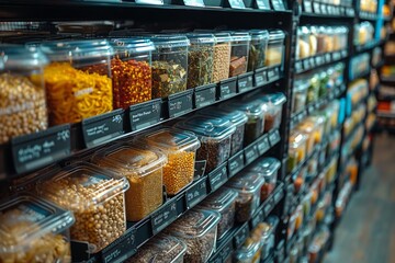 Bulk food containers aligned on shelves in a zero-waste store.