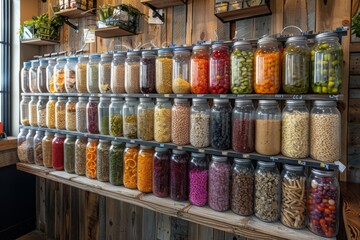 Glass jars filled with various dry foods on wooden shelves.