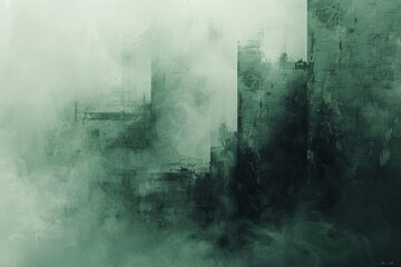 Misty urban-inspired abstract texture in shades of green, suggesting a tranquil and somber cityscape atmosphere.