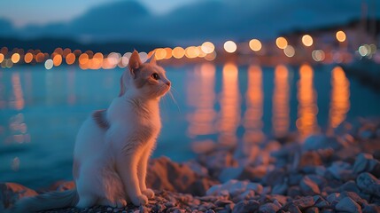 White cat sitting on the side of beach at night 