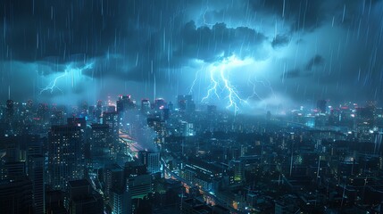 Very bad weather and thunderstorm in the city - obrazy, fototapety, plakaty