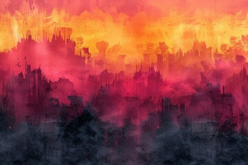 Intense red and black abstract resembling a fiery skyline, portraying a strong visual impact and...