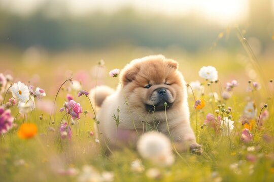 A beautiful Chow Chow puppy exploring a field of wildflowers, its playful nature captured in the soft light of dawn,