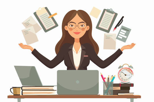 Multitasking administrative professional: Businesswoman efficiently manages office duties, answering phones, scheduling appointments, and coordinating projects from her well-organized desk.