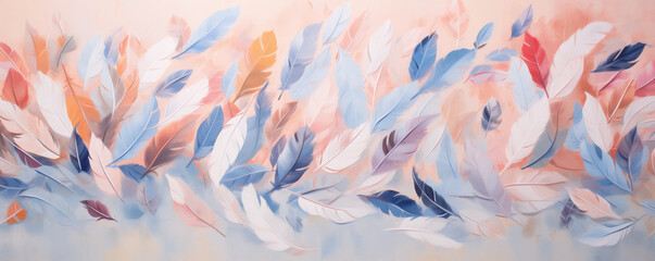 An abstract background with a dynamic arrangement of pastel-colored paper in a flowing, feather-like pattern.	
