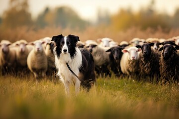 Fototapeta premium Border collie herding sheep in grassy field landscape