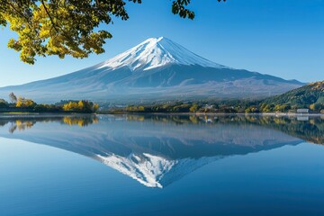 Mountain Fuji in the early morning with reflection on the lake kawaguchiko