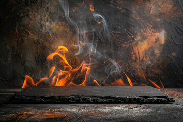 The stone podium stands out against the backdrop of bright flames and swirling coals