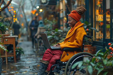 Obraz premium happy smiling young african American woman at wheelchair sitting in street sidewalk cafe with green plants works on laptop have videochat laughing, AI