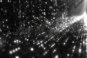 Flowing binary numbers cascading on a digital screen, representing data processing.