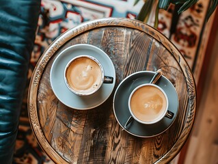 Boho Coffee Bliss: Top View of Two Aromatic Cups