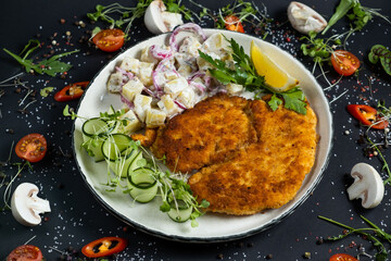 Homemade breaded german weiner schnitzel with potatoes.