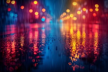 Obraz na płótnie Canvas Rainy city night with vivid reflections of multicolored bokeh lights.