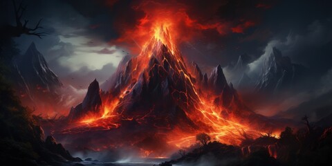 A mountain erupting with lava