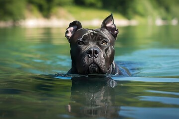 A Cane Corso enjoying a refreshing swim in a crystal-clear lake, the water rippling around its sleek form as it glides gracefully through the water,
