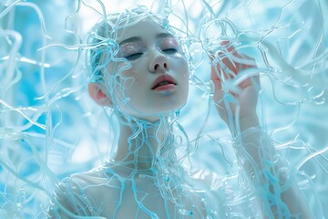 Fashion Photography Featuring Wearable Art of Transparent Glass Veins Inspired by Human Anatomy, Set in a Clean Light Blue Environment with Dramatic Lighting Concept