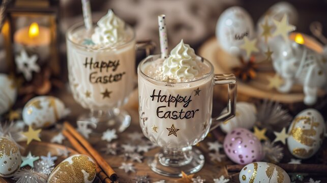 two glasses eggnog with happy easter text