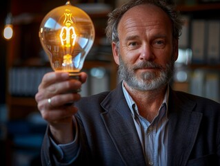 Innovative Business Professional Holding Light Bulb, Signifying Fresh Ideas in Office Setting with Soft-focus Lighting, Evoking Aspirational Mood - Concept of Creativity and Innovation