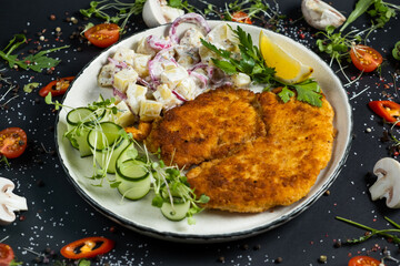 Homemade breaded german weiner schnitzel with potatoes.