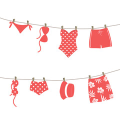 Red swimsuits and swimming trunks hanging on clotheslines. Beautiful swim wear dry on clothespins after swimming. Summer vector illustration in red colors