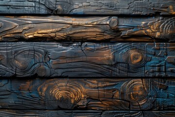 Charred wooden boards with remnants of orange flames between the planks. - Powered by Adobe