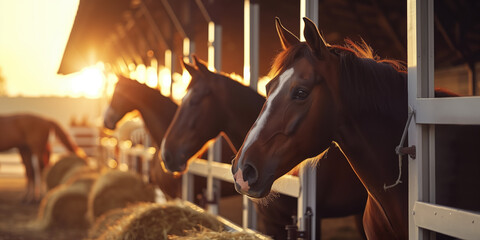 Horses peer out from their stable stalls, enjoying the warm glow of a setting sun on the farm. - obrazy, fototapety, plakaty