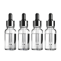 Transparent dropper bottles in a row, glass skincare packaging, Concept of beauty routine, skincare essentials