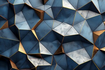 3D geometric pattern with blue polygons and gold accents, modern and artistic.