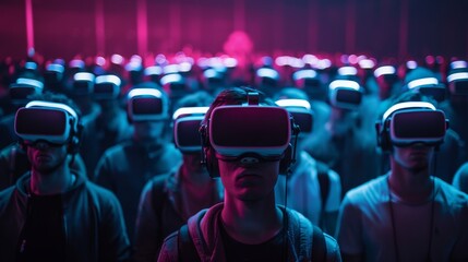 Crowd Wearing VR Headsets at Cinematic Virtual Concert, Bathed in Stage Lights for Immersive Experience Concept - obrazy, fototapety, plakaty