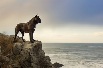 A Cane Corso standing proudly on a rocky cliff overlooking the vast expanse of the ocean, embodying strength and resilience,