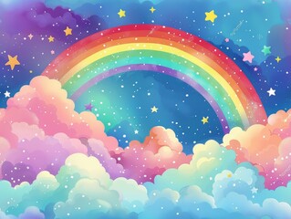 Obraz na płótnie Canvas A colorful rainbow is in the sky above a starry background. The sky is filled with clouds and stars, creating a dreamy and whimsical atmosphere