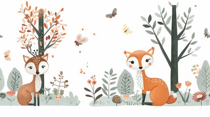 Two foxes are sitting in a forest with trees and flowers. A butterfly is flying nearby. The scene is peaceful and serene