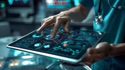 A healthcare professional is interacting with a futuristic digital tablet displaying medical data.