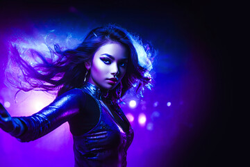 Disco event, DJ dancer woman in neon lights. Sexy girl at the night club party. generative ai