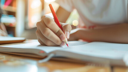 student is writing an exam in a classroom setting.