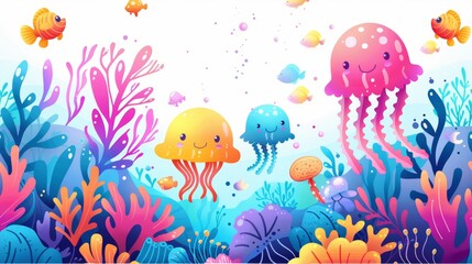 Fototapeta na wymiar A colorful underwater scene with a jellyfish, a fish, and a mushroom. The jellyfish is smiling and the fish is looking at it
