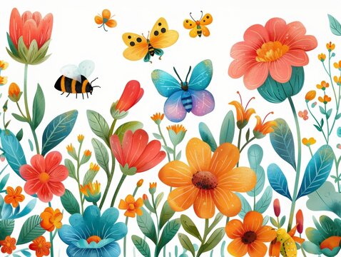 A colorful painting of flowers and butterflies with a bee in the foreground. The painting conveys a sense of joy and beauty, as the vibrant colors of the flowers