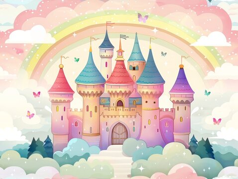 A castle with a rainbow on top of it. The castle is surrounded by trees and clouds