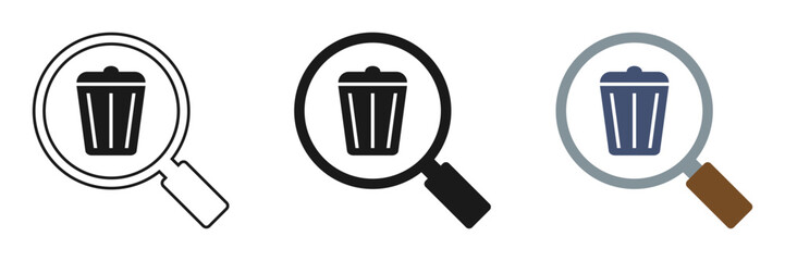Set of magnifying glass icons with trash can, illustration