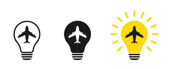 Set of light bulbs with airplane, illustration