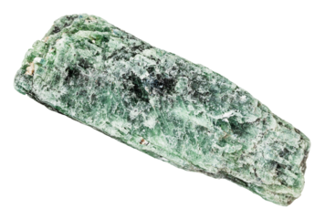 close up of sample of natural stone from geological collection - raw green kyanite mineral isolated on white background from Madagascar