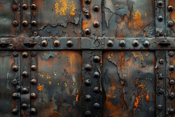 A gritty and rust-corroded metal door adorned with rivets and bolts, showcasing a rich patina of time.