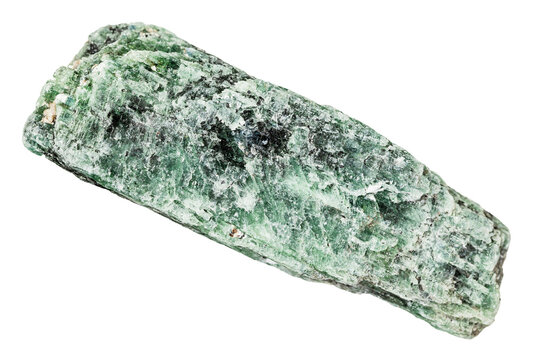 close up of sample of natural stone from geological collection - raw green kyanite mineral isolated on white background from Madagascar