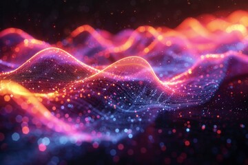 Fototapeta premium A dynamic holographic wave of vibrant, shimmering colors flows across a digital landscape, symbolizing energy and connectivity.